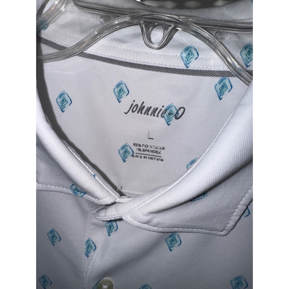 Johnnie O Shirt Mens White Blue Rhombus Droptail Performance Polo Pebble Beach L - Picture 2 of 7